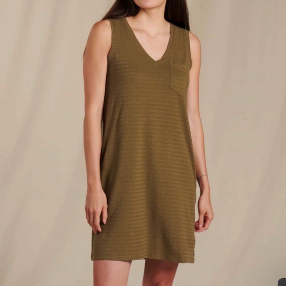 Toad&Co Grom Tank Dress Green Fir Stripe Hemp Organic Cotton XS Mini Boho Casual